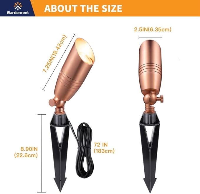 Spot Light Brass - Outdoor Landscape Spotlights LED, 12V Low Voltage Landscaping Uplights, Hard-Wired All Weather Copper for Backyard Lawn with Cold White Changeable Bulbs (8 Pack)