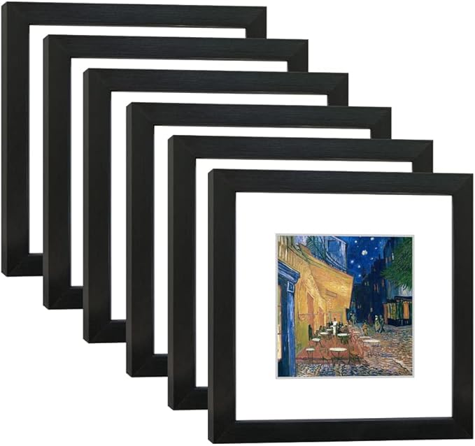 8x8 Picture Frame Set of 6 with Real Glass for Pictures 5x5 with Mat or 8x8 Without Mat, Wall Gallery or Tabletop display Photo Frames in Black