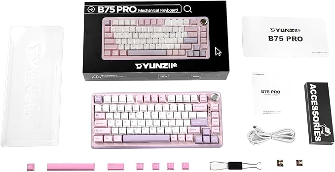 YUNZII B75 PRO Wireless Mechanical Keyboard,75% Layout with Knob,Hot Swap Gasket Custom Structure,Creamy Pre-lubed Switches,RGB Backlit,Bluetooth/Type-C/2.4G for Win/Mac(Cocoa Cream V2 Switch,Purple)