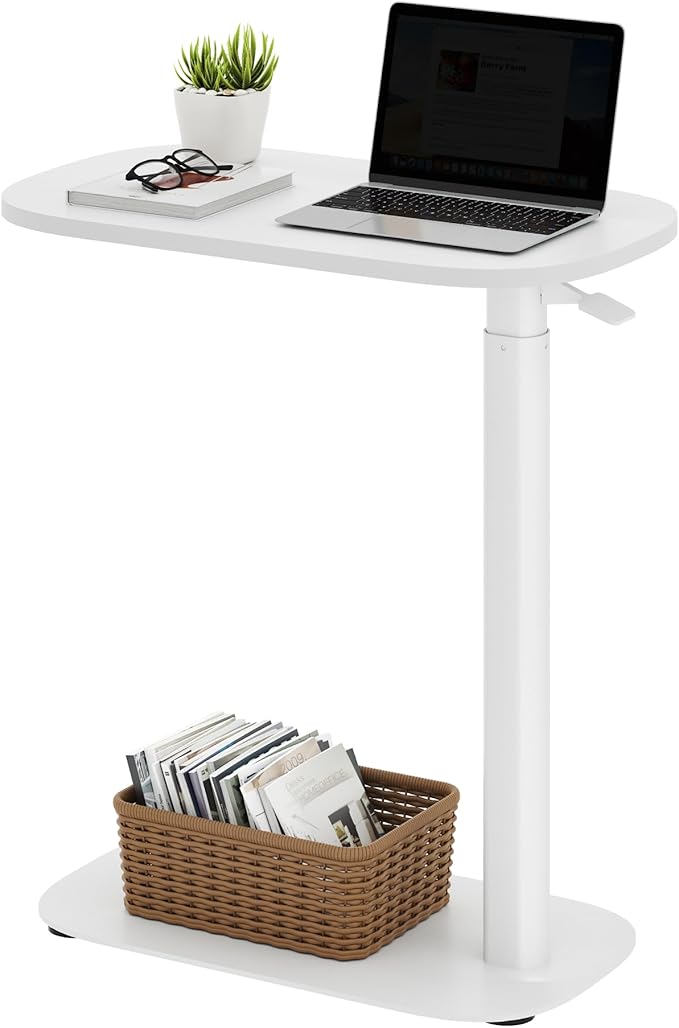 SANODESK Small Standing Desk Pneumatic Height Adjustable Small Sit Stand Desk Laptop Desk Overbed Table Computer Cart for Home Office Computer Workstations(23.6" W x 13.8" D,White)