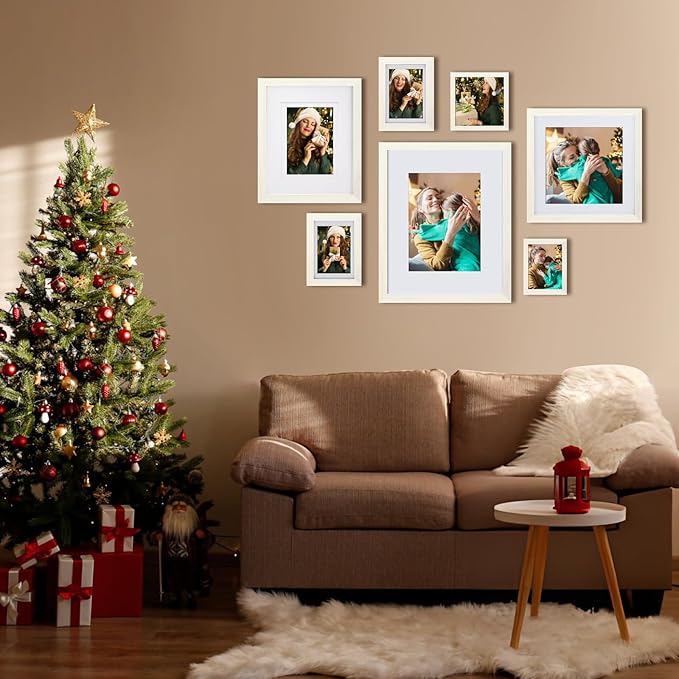 Egofine 5x7 Picture Frame Made of Solid Wood with Plexiglass, Display Pictures 3.5x5/4x6 with Mat or 5x7 Without Mat for Tabletop and Wall Mounting, Beige