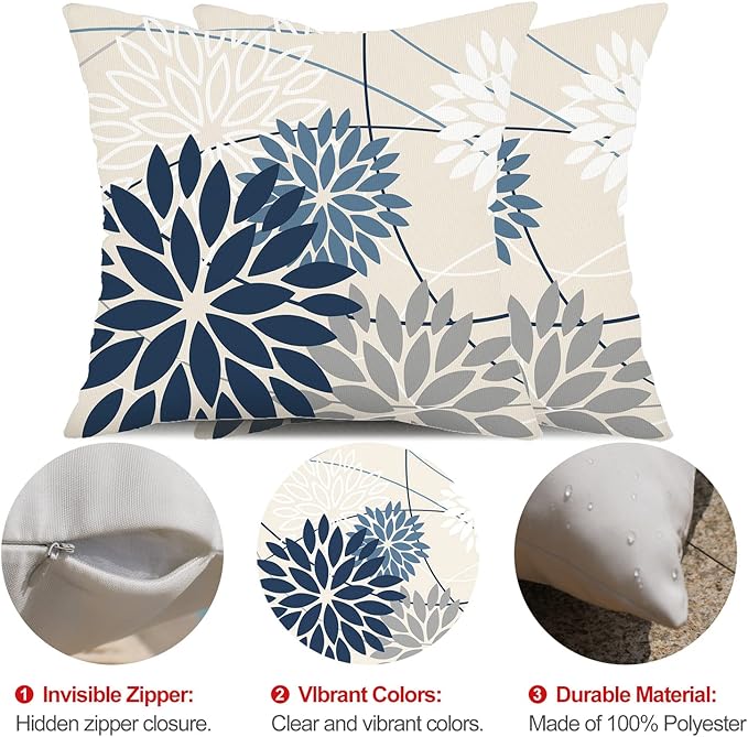 Blue and Gray Floral Pillow Covers 24x24 Set of 2 Outdoor Waterproof White Colored Decorative Throw Pillows Summer Pillowcase Polyester Cushion Case Decor for Couch Patio Funiture Garden Porch 01B24
