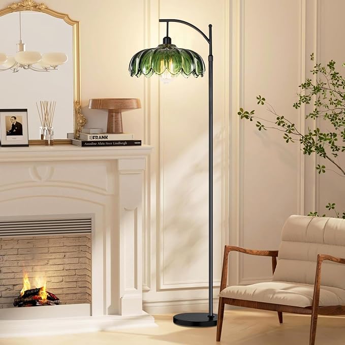 ILLMTW Glass Floor Lamp for Living Room,Bedroom,Mid Century Modern Standing Lamp with Remote,Dimmable Black Tall Lamp Lamp Vintage Retro Arc Floor Lamps Flower Floor Light Boho Bohemian