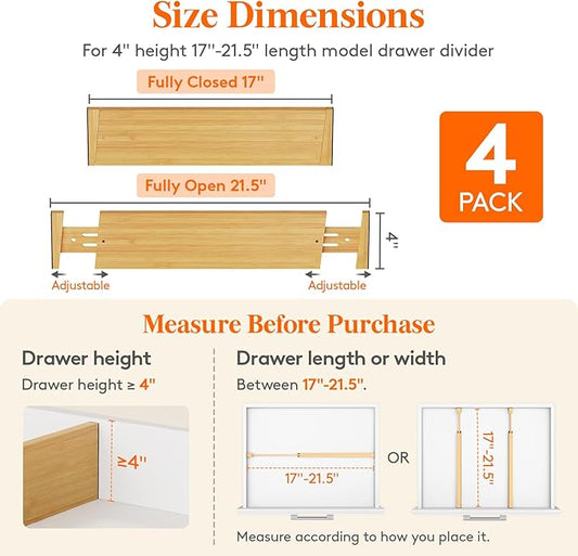 Lifewit 4" High 4 Pack Bamboo Drawer Dividers 43-54cm/17-21.5" Adjustable