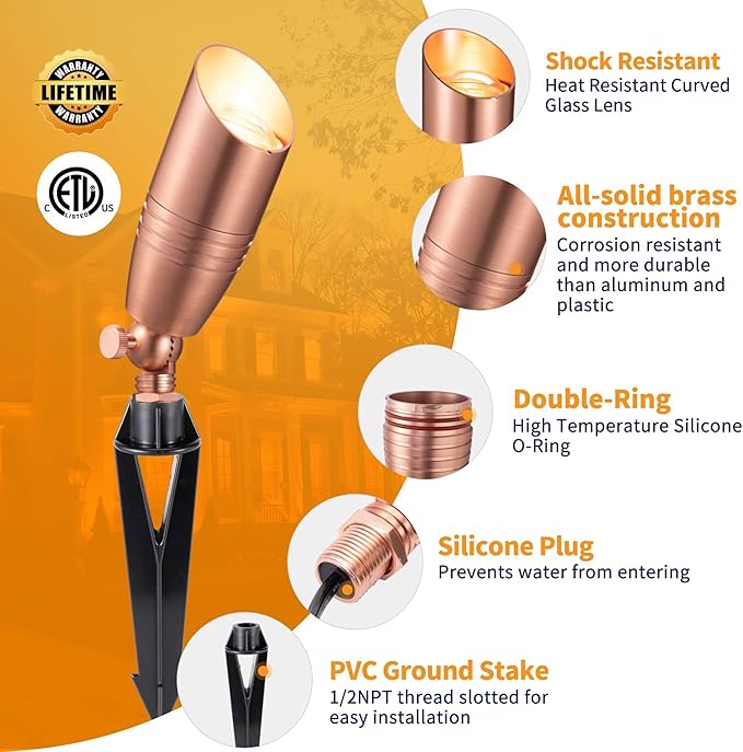 Brass Landscape Lighting - Low Voltage Spotlights Outdoor LED, 12V Wired Uplights, Waterproof Spot Lights, Copper for Outside Trees with 5W 2700K Warm White MR16 Bulb (4 Pack)
