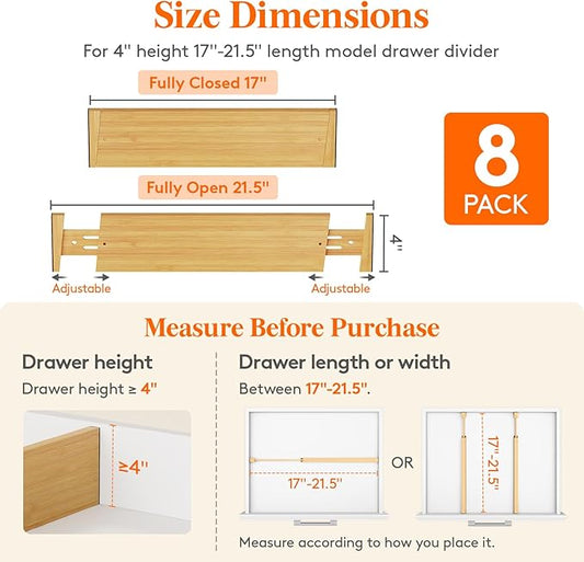 Lifewit 4" High 8 Pack Bamboo Drawer Dividers 43-54cm/17-21.5" Adjustable