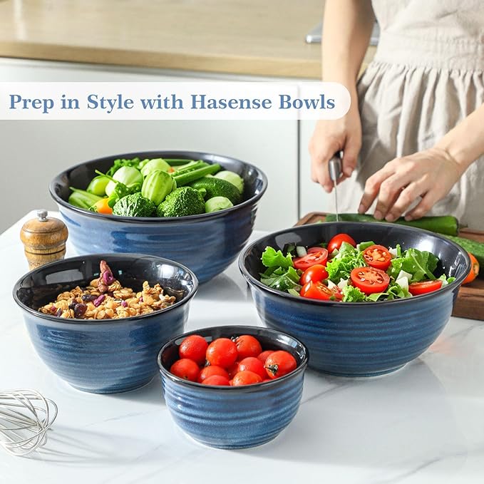 Hasense Mixing Bowls Set, Porcelain Large Salad Bowls for Cooking, Baking, Prepping, Serving, Blue Nesting Dishes for Housewarming Gift, Microwave Dishwasher Safe, 2.8/2.1/1.0/0.5 Qt