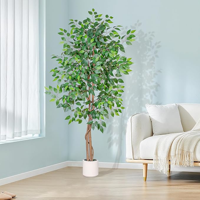 6FT Artificial Ficus Tree with White Planter, Realistic Faux Silk Indoor Outdoor Plant for Home Office Living Room, Porch, Garden Decor