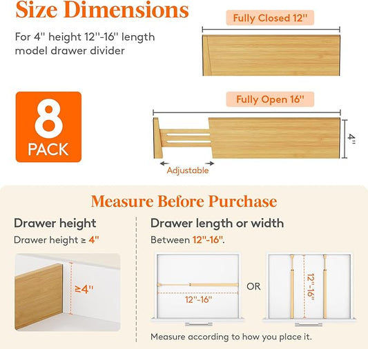 Lifewit 4" High 8 Pack Bamboo Drawer Dividers 31-40cm/12-16 Adjustable Wooden