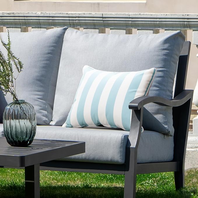 Decorative Patio Throw Pillows Pack of 2 Water Resistant Pillow Set of 2(18" x 12") Double Printed Rectangle Pillow for Outdoor Sofa&Chair,Light Blue Stripes