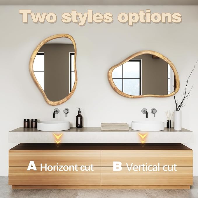 Irregular Wall Mirror with Wood Frame, 35" x 24" Natural Wood Asymmetrical Mirror, Decorative Mirrors for Bedroom Living Room Entryway Hallway Cloakroom, Shatterproof, Horizontal/Vertical