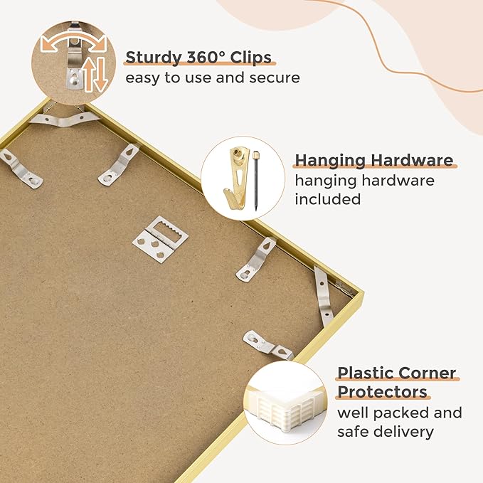 22x28 Metal Picture Frame For Wall With Mat For 18x24, 22''x28'' Aluminum Photo Frames With Tempered Glass For Home Decor, Minimalist Modern Poster Frame Horizontally Vertically Set of 2, Gold