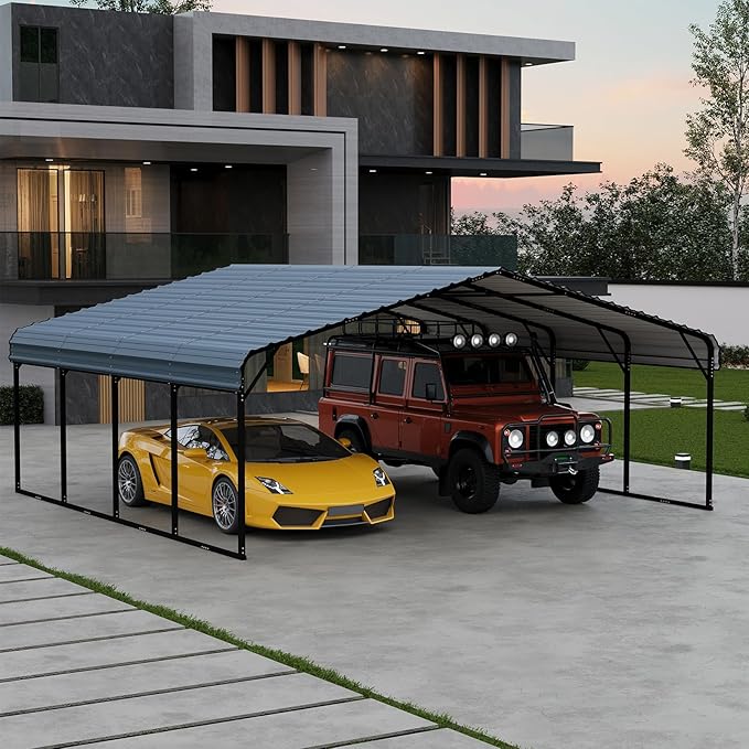 EROMMY 20x20FT Stable Metal Carport, All-Weather Heavy-Duty Carports with Strong Base, Sturdy Car Shed with Galvanized Steel Roof and Frame, Easy Assembly Car Port for 2 Cars, Tractors, Boat, Gray
