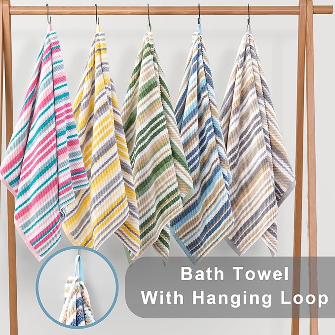 Striped Bath Towels Set (4PC, 28"x52") - 100% Cotton | Quick Dry | Soft | Absorbent, Luxury Bath Towels with Hanging loops, Light Weight Towels for Showering & Bathroom, Blue + Gray + Beige Stripes
