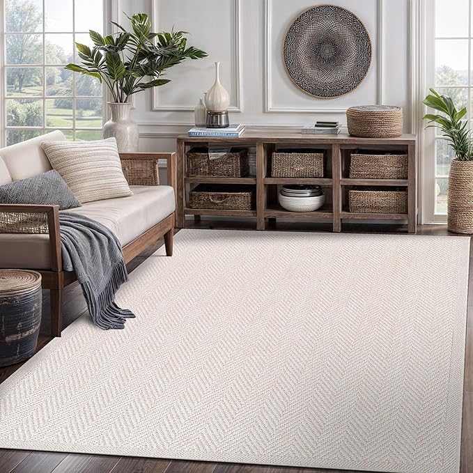 CAMILSON Easy Jute Rug 4x6, Indoor Outdoor Off-White Color Fiber Area Rugs for Living Room Patio and Kitchen Rug Herringbone Seagrass Woven Design Easy-Cleaning Washable Outside Carpet Alfombras 4 x 6