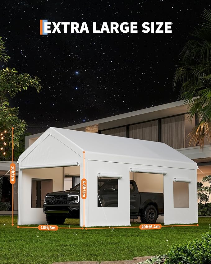 10 x 20 FT Carport Clearance, Heavy Duty Carport Canopy with Roll Up and Down Mesh Window, Outdoor Portable Garage with Removable Sidewalls, All Season Tarp for Car, Boat, Truck, Motorcycle (White)