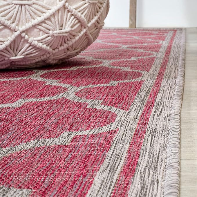 Eyely BMS109H-5SQ Santa Monica Trebol Moroccan Trellis Textured Weave Indoor/Outdoor Area Rug Coastal;Bohemian, Bedroom, Backyard, Patio, Easy-Cleaning, Non-Shedding, 5' Square, Fuchsia/Light Gray