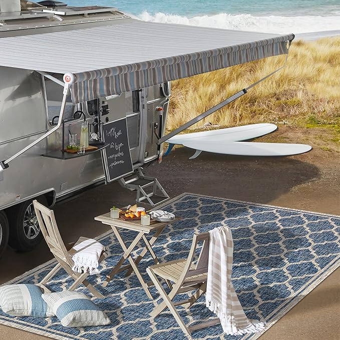 Eyely BMS109D-4 Santa Monica Trebol Moroccan Trellis Textured Weave Indoor/Outdoor Area Rug Coastal;Bohemian, Bedroom, Backyard, Patio, Easy-Cleaning, Non-Shedding, 4 X 6, Navy/Gray