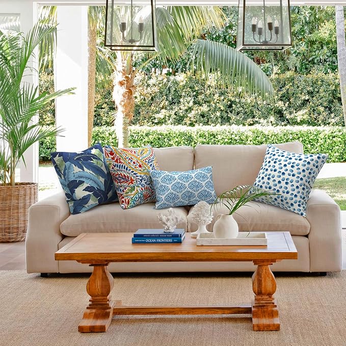 Outdoor Throw Pillows with Inners, All Weather Patio Pillows Set of 2, Square Pillows Decorative for Home Garden Furniture, 20x20 Inch, Swaying Palms Blue