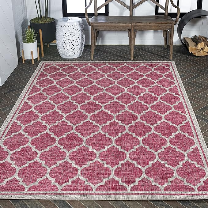Eyely BMS109H-5 Santa Monica Trebol Moroccan Trellis Textured Weave Indoor/Outdoor Area Rug Coastal;Bohemian, Bedroom, Backyard, Patio, Easy-Cleaning, Non-Shedding, 5 X 8, Fuchsia/Light Gray
