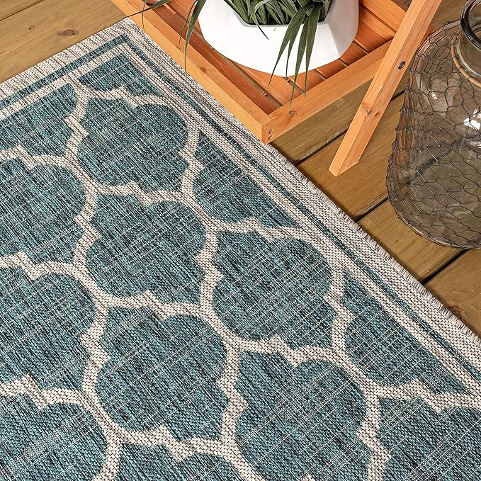 Eyely BMS109E-5R Santa Monica Trebol Moroccan Trellis Textured Weave Indoor/Outdoor Area Rug Coastal;Bohemian, Bedroom, Backyard, Patio, Easy-Cleaning, Non-Shedding, 5' Round, Teal/Gray
