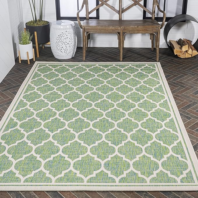 Eyely BMS109I-4 Santa Monica Trebol Moroccan Trellis Textured Weave Indoor/Outdoor Area Rug Coastal;Bohemian, Bedroom, Backyard, Patio, Easy-Cleaning, Non-Shedding, 4 X 6, Cream/Green