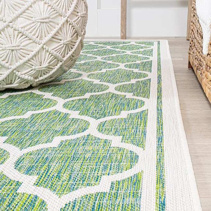 Eyely BMS109I-5R Santa Monica Trebol Moroccan Trellis Textured Weave Indoor/Outdoor Area Rug Coastal;Bohemian, Bedroom, Backyard, Patio, Easy-Cleaning, Non-Shedding, 5' Round, Cream/Green
