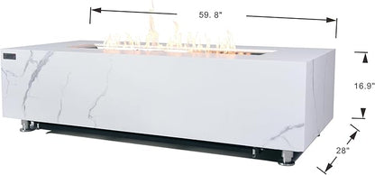 Elementi+ | Bundle Carrara Gas Fire Pit | Marble Porcelain & Metal Frame | 60" Rectangular Fire Table | Electronic Ignition | Canvas Cover, Fire Glass & Burner Lid Included | White | Propane Gas