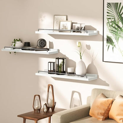 RYOFOBETTO 22 inches Long Floating Shelves, Bathroom Decor Shelves Over Toilet, Farmhouse Wall Shelves for Living Room, Bedroom, Picture Frames, Plants, Kitchen, Set of 3 (White and Grey)