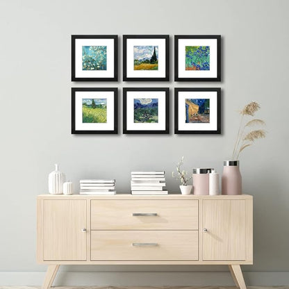 8x8 Picture Frame Set of 6 with Real Glass for Pictures 5x5 with Mat or 8x8 Without Mat, Wall Gallery or Tabletop display Photo Frames in Black
