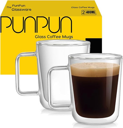 PunPun 16oz.480ml Clear Glass Mugs Large Coffee Mugs, Jumbo Insulated Double Wall Glasses, Premium Glasses Set with Big Handle, Iced Coffee Cup Set of 2