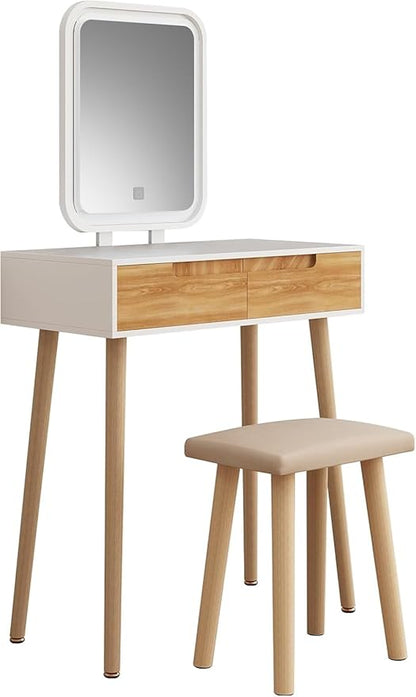 YOURLITE Makeup Vanity Desk with Lights, Small Vanity with Adjustable Brightness Mirror for Small Spaces, Vanity Desk with Drawers 27.5", Square Mirror Wood