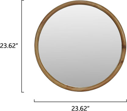 31.5" Round Wood Framed Wall Mirror Natural Wood Finish Metal Synthetic Wood Construction