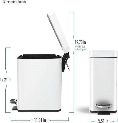 Home Zone Living 2-Pack 1.3 Gallon Small White Bathroom Trash Can with Lid and Step Pedal, Stainless Steel Wastebasket with Slim Design for Home and Office, 5 Liters