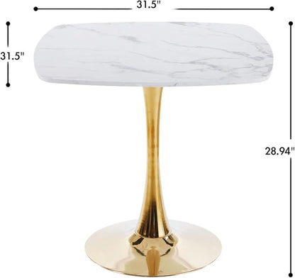 31.5 Inch White and Golden Square Dining Table for 2-4 Person,Mid-Century White Tulip Table Kitchen Dining Table with MDF Tabletop and Pedestal Base for Home Kitchen