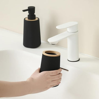 YAUKPH Bathroom Accessories Set 2 Piece Soap Dispenser and Toothbrush Holder for Bathroom Countertop Striped Black and Bamboo