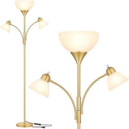 Coucrek Floor Lamp for Living Room,72" Dimmable Torchiere Lamp with 2 Reading Lights for Bedroom, Gold Tall Standing Room Lamp, 3 Bulbs Included