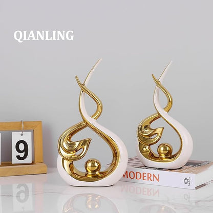 QIANLING Home Decor Modern Abstract Art Ceramic Statue - White and Gld Ceramic Sculpture, Dining Table Centerpiece Decor, Decoration for Living Room, Coffee Table, Shelf, Kitchen