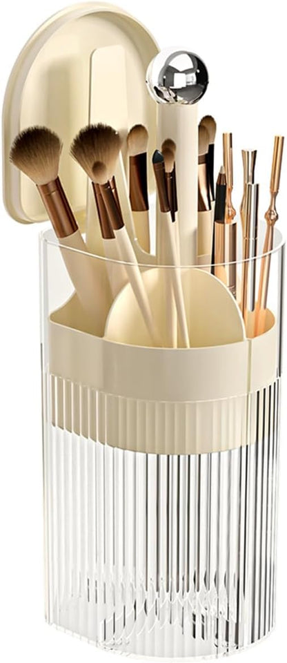 Makeup Brush Holder with Lid, One-Hand Press Open/Close Mechanism Cosmetic Tools Organizer, Clear Waterproof Dustproof Make Up Storage for Vanity, Bathroom Countertop-Cream-Silver Ball