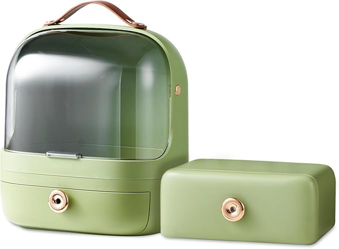 Ergocar Make Up Case Dustproof Cosmetics Skin Care Products Cosmetic Storage Box, Multi-Function Jewelry Organizer Case - Green + Drawer
