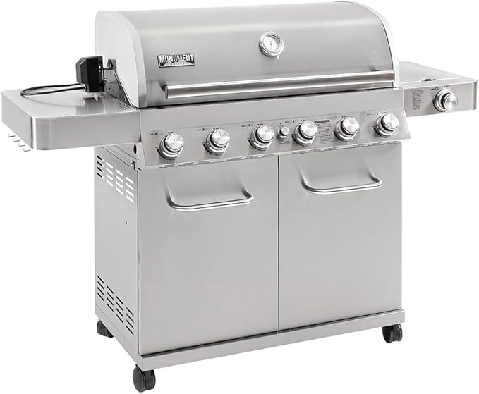 Monument Grills 6 Burner 640 sq.in. Stainless Steel Propane Gas Grill with a Rotisserie Kit, a Side Burner, a Built-In Thermometer, Large Cabinet Style Grill
