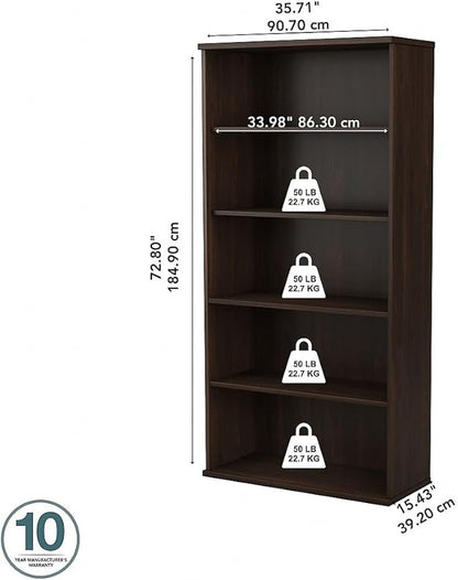 Bush Business Furniture Hybrid Tall 5 Shelf Bookcase in Black Walnut