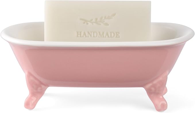 6.5" Ceramic Mini Decorative Clawfoot Bathtub Bar Soap Dish, Kitchen Sponge Holder and Shower Tray for Bathroom, 1 Pack(Rose)