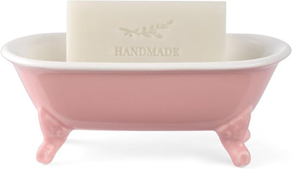 6.5" Ceramic Mini Decorative Clawfoot Bathtub Bar Soap Dish, Kitchen Sponge Holder and Shower Tray for Bathroom, 1 Pack(Rose)