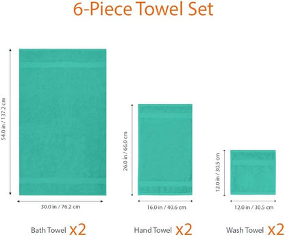 Amazon Basics 6 Piece Oversized Fade resistant Towel set, 100% Cotton towels for bathroom, soft and absorbent, 2 Bath Towels, 2 Hand Towels and 2 Washcloths bathroom towel set, Teal