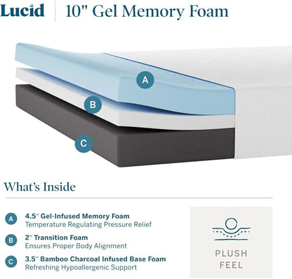 LUCID 10 Inch Memory Foam Mattress - Plush Feel - Infused with Bamboo Charcoal and Gel - Bed in a Box - Temperature Regulating - Pressure Relief - Breathable - California King Size