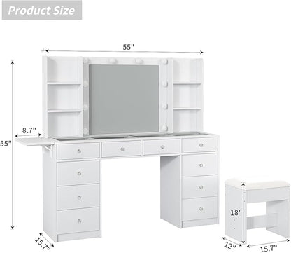 Vanity Desk with Power Outlet, 10 Drawers Makeup Vanity with Mirror and Lights, 3 Colors Adjustable, Fold-up Panel, Glass Top Vanity Set for Bedroom