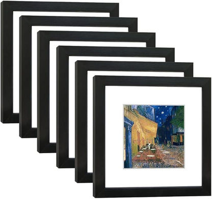 8x8 Picture Frame Set of 6 with Real Glass for Pictures 5x5 with Mat or 8x8 Without Mat, Wall Gallery or Tabletop display Photo Frames in Black