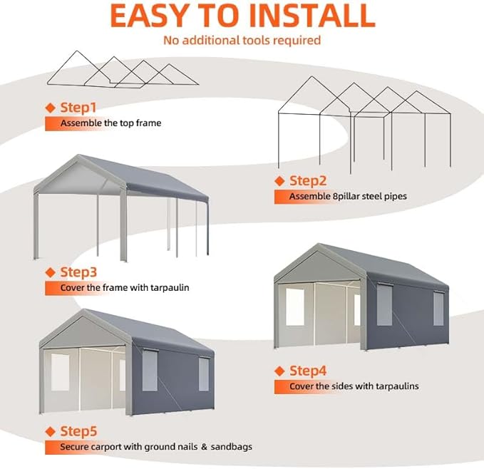 Carport, 10x20 ft Grey Heavy Duty Carport with Roll-up Windows, Portable Garage with Removable Sidewalls & Doors, Car Canopy and All-Season Tarp for Car Boat Truck Motorcycle