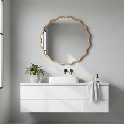 24 Inch Wooden Wavy Round Wall Mirror, Modern Solid Wood Frame Circle Decorative Accent Mirror for Bedroom, Bathroom, Living Room, Entryway, Natural Wood Color
